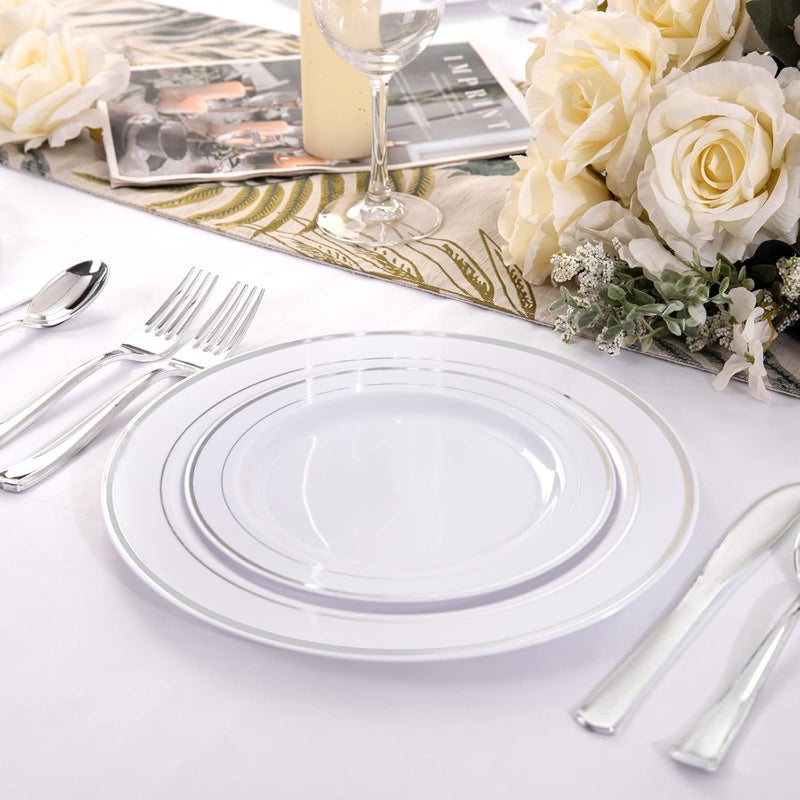 I00000 102pcs Silver Plastic Plates, Disposable Plastic Party Plates with White Silver Rim Fancy Wedding Party Plates Include 51 Dinner Plates 10.25" and 51 Dessert Appetizer Plates 7.5" - Image 3