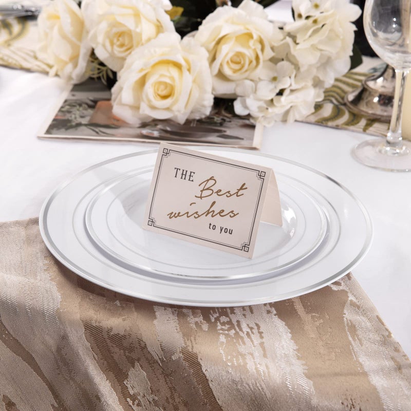 I00000 102pcs Silver Plastic Plates, Disposable Plastic Party Plates with White Silver Rim Fancy Wedding Party Plates Include 51 Dinner Plates 10.25" and 51 Dessert Appetizer Plates 7.5" - Image 2