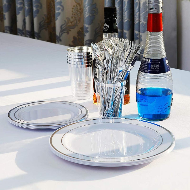 I00000 102pcs Silver Plastic Plates, Disposable Plastic Party Plates with White Silver Rim Fancy Wedding Party Plates Include 51 Dinner Plates 10.25" and 51 Dessert Appetizer Plates 7.5" - Image 5