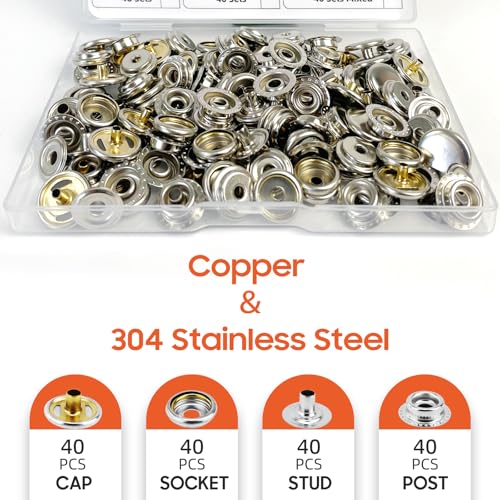 HAPDEN 160 pcs snap Buttons,snap Fasteners kit 15mm Stainless Steel Snaps Marine Grade Boat Canvas Snaps,3/8" Socket Metal Snaps for Clothing Leather Boat Cover Fabric (Regular) - Image 4
