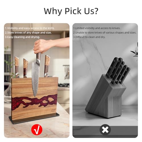 FINDKING Magnetic Knife Block, Double Sided Holder, Powerful Magnet Kitchen Storage, Acacia Wood and Red Resin (12 x 10 Inches, Without Knives) - Image 4