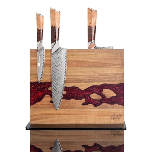 FINDKING Magnetic Knife Block, Double Sided Holder, Powerful Magnet Kitchen Storage, Acacia Wood and Red Resin (12 x 10 Inches, Without Knives) - Image 1