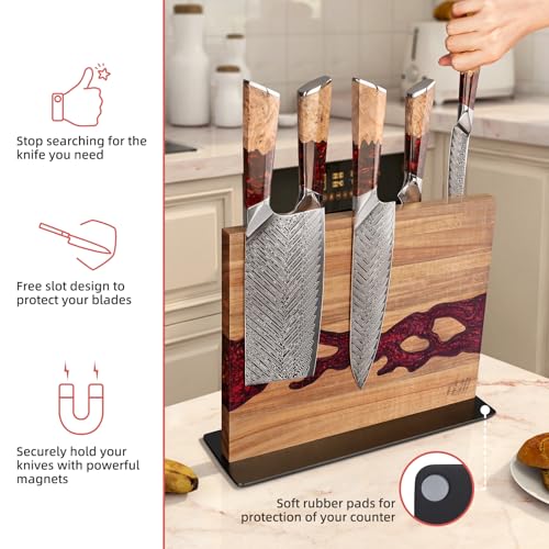 FINDKING Magnetic Knife Block, Double Sided Holder, Powerful Magnet Kitchen Storage, Acacia Wood and Red Resin (12 x 10 Inches, Without Knives) - Image 3