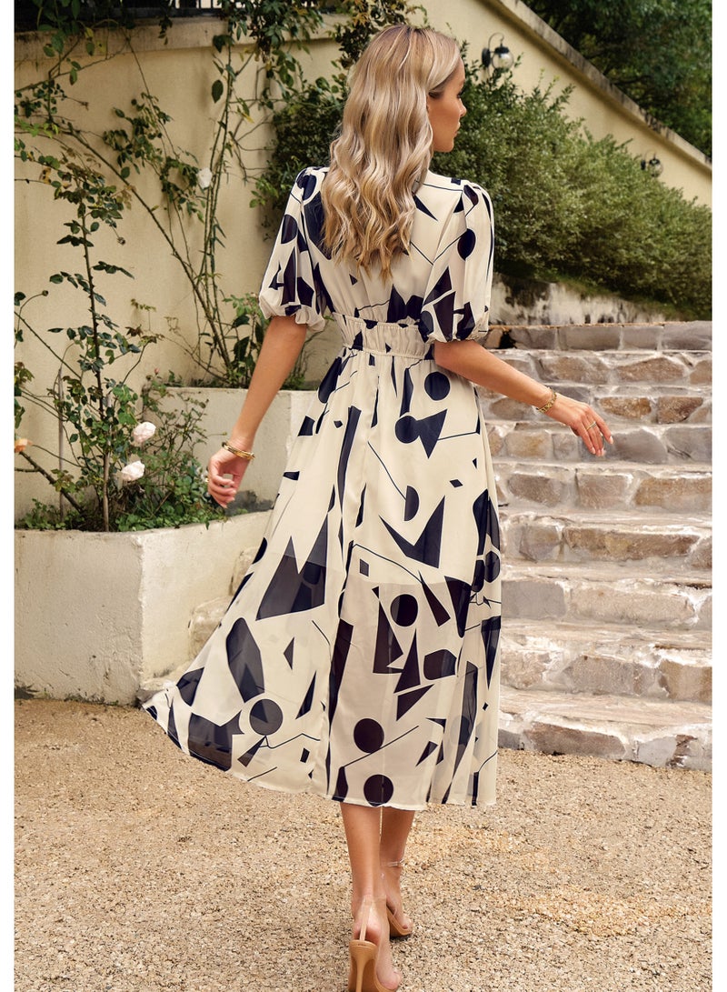 Loquat Square Dress Summer Style Waist Waist V-neck Printed Long Skirt Beige  - Image 2