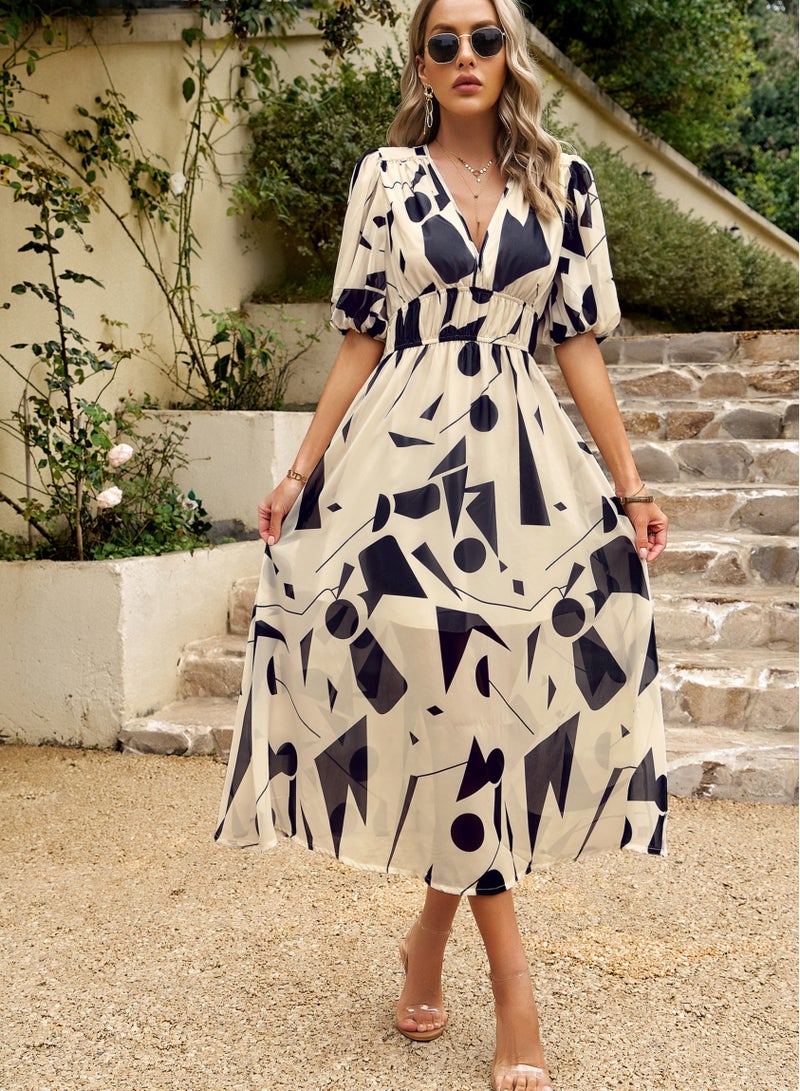 Loquat Square Dress Summer Style Waist Waist V-neck Printed Long Skirt Beige  - Image 1