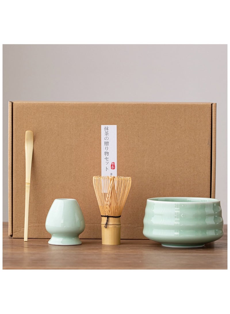 Matcha Set,Tea Dispensing 4-Piece Set,Eco-Friendly Bamboo,Teaspoon/Matcha Spatula/Matcha Bowl/Whisk Holder for Brewing Traditional Chinese Tea(Green)  - Image 1