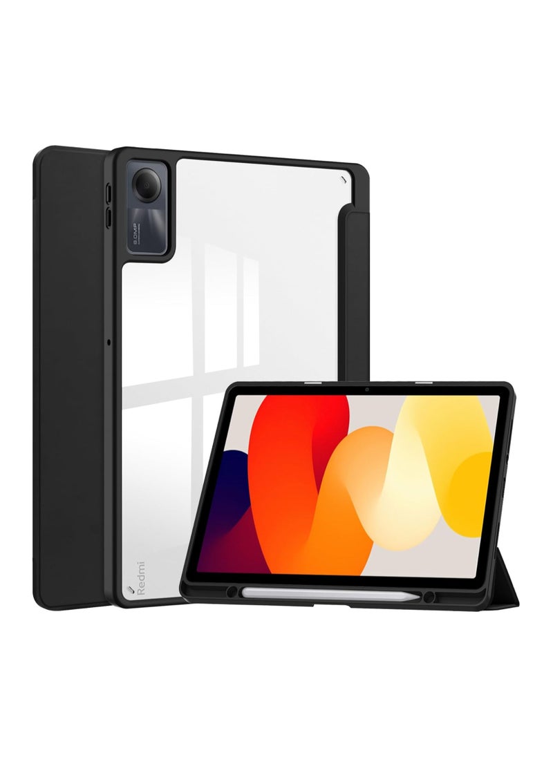 إيفو حافظة مقاومة للصدمات لجهاز Xiaomi Redmi Pad SE 11 بوصة مع علبة قلم خلفية من الأكريليك الشفاف وغطاء إطار من مادة TPU غطاء ثلاثي الطي نحيف وخفيف الوزن وغطاء حماية ذكي (أسود)  - Image 1
