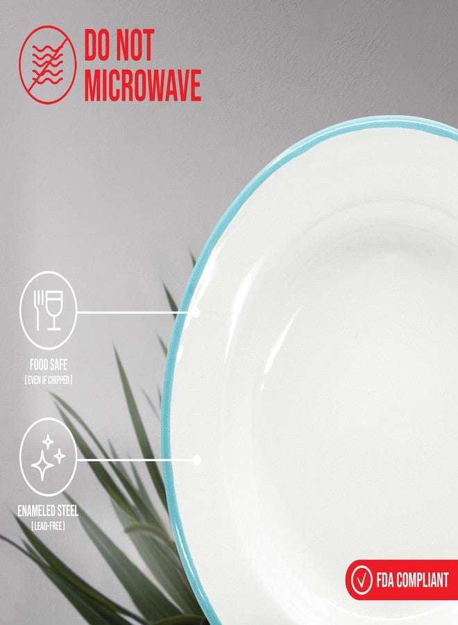 Red Co. Set of 4 Enamelware Metal Classic 8" Round Salad Plate, Solid White/Teal Rim - Image 3