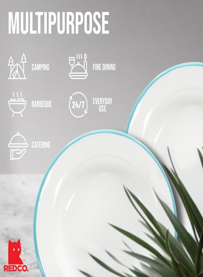 Red Co. Set of 4 Enamelware Metal Classic 8" Round Salad Plate, Solid White/Teal Rim - Image 4