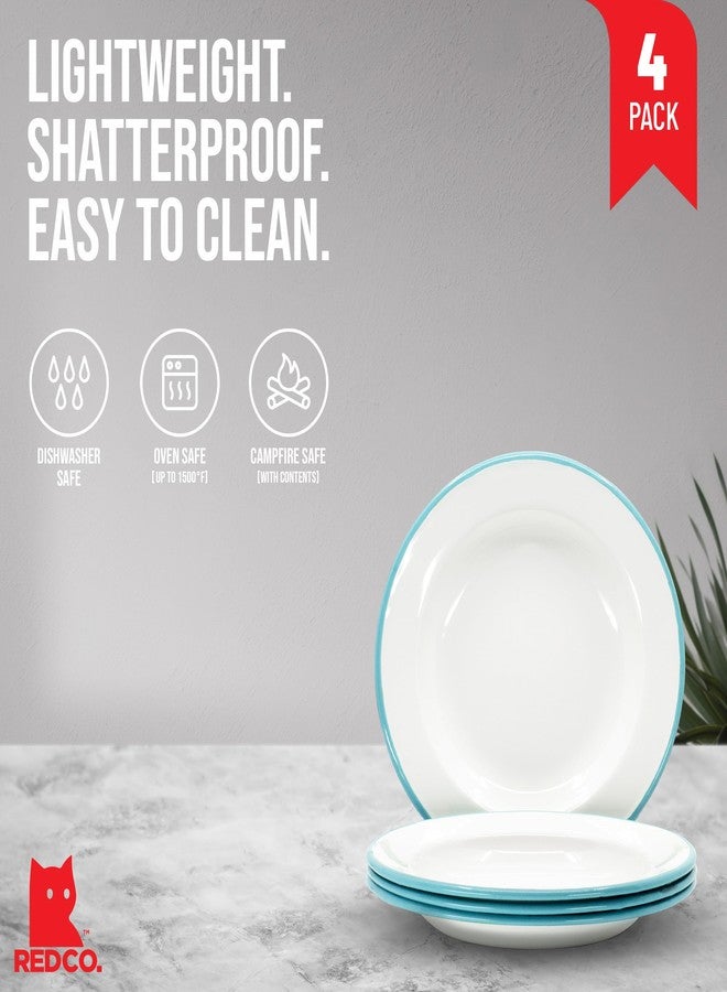 Red Co. Set of 4 Enamelware Metal Classic 8" Round Salad Plate, Solid White/Teal Rim - Image 2