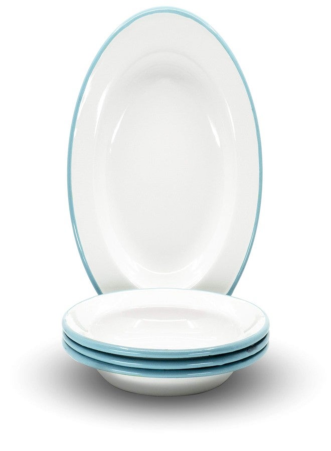 Red Co. Set of 4 Enamelware Metal Classic 8" Round Salad Plate, Solid White/Teal Rim - Image 1