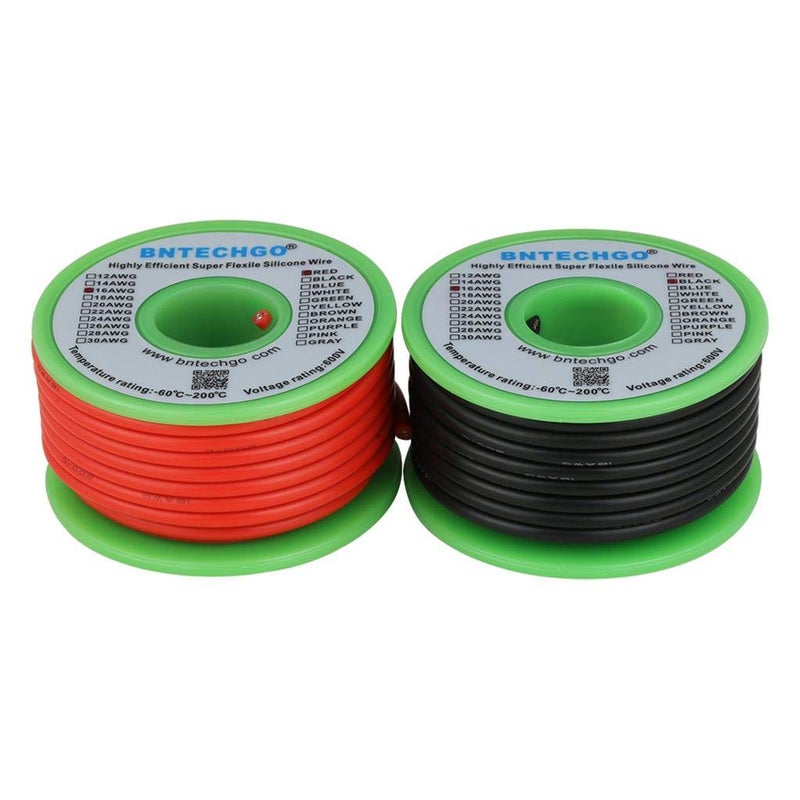 BNTECHGO 16 Gauge Silicone Wire Spool red 25ft and Black 25ft Flexible 16 AWG Stranded Tinned Copper Wire