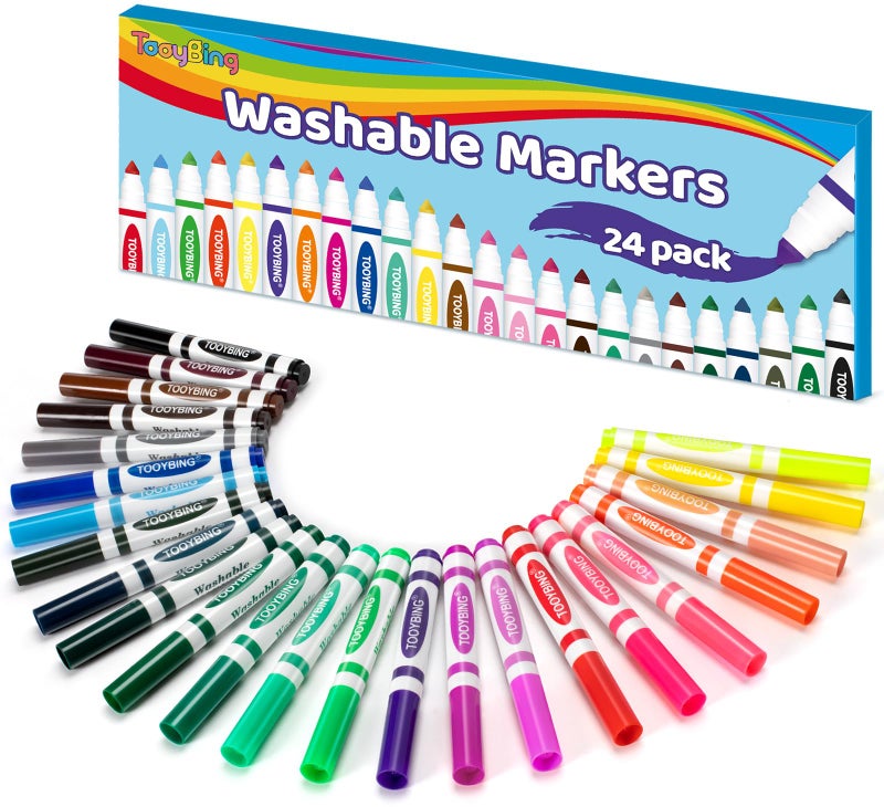 TooyBing 24 Color Washable Markers Colored Washable Markers for Kids Broad Tip Durable for Coloring Book Back to Classroom Art School Supplies for Students Teachers Children - Image 2