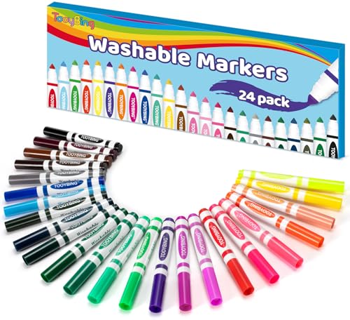 TooyBing 24 Color Washable Markers Colored Washable Markers for Kids Broad Tip Durable for Coloring Book Back to Classroom Art School Supplies for Students Teachers Children - Image 1