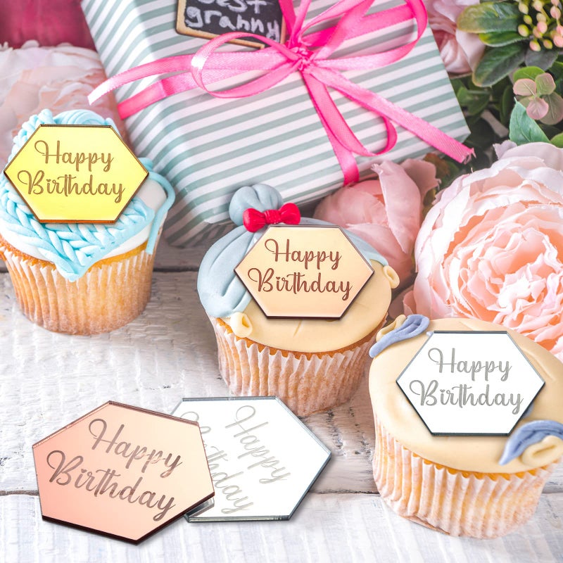 Qunclay 30 Pcs Happy Birthday Acrylic Cupcake Toppers - Personalized Mirror Cake Disc Topper - Engraved Mini Charm Name Custom Decorations For Decor (Hexagon) - Image 5