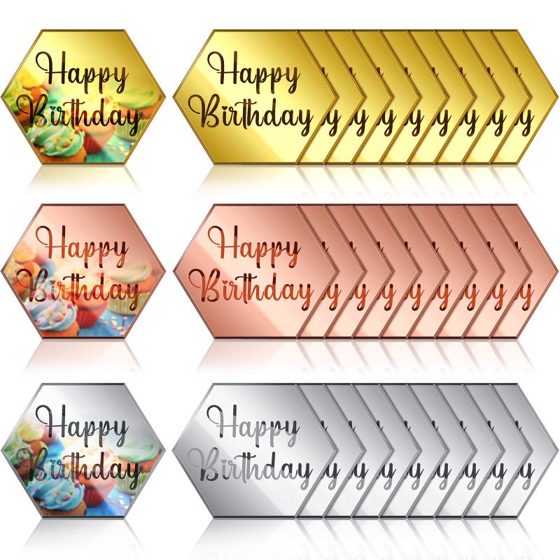 Qunclay 30 Pcs Happy Birthday Acrylic Cupcake Toppers - Personalized Mirror Cake Disc Topper - Engraved Mini Charm Name Custom Decorations For Decor (Hexagon) - Image 1