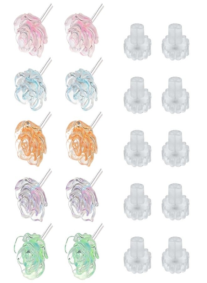 Dland 5 Pairs 3D Rose Flower Earrings Set for Sensitive Ears, DLAND Soft Silicone Plastic Clear Stud Earrings with Backs, Lightweight Coloured Earrings in 5 Colors (Green, Blue, Orange, Yellow, Pink) - Image 1