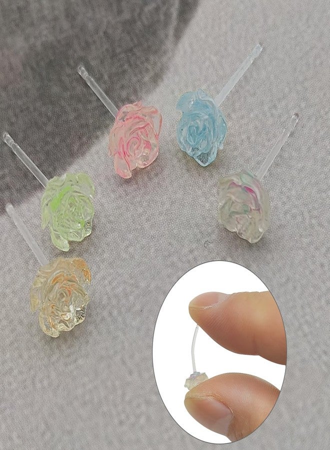 Dland 5 Pairs 3D Rose Flower Earrings Set for Sensitive Ears, DLAND Soft Silicone Plastic Clear Stud Earrings with Backs, Lightweight Coloured Earrings in 5 Colors (Green, Blue, Orange, Yellow, Pink) - Image 4