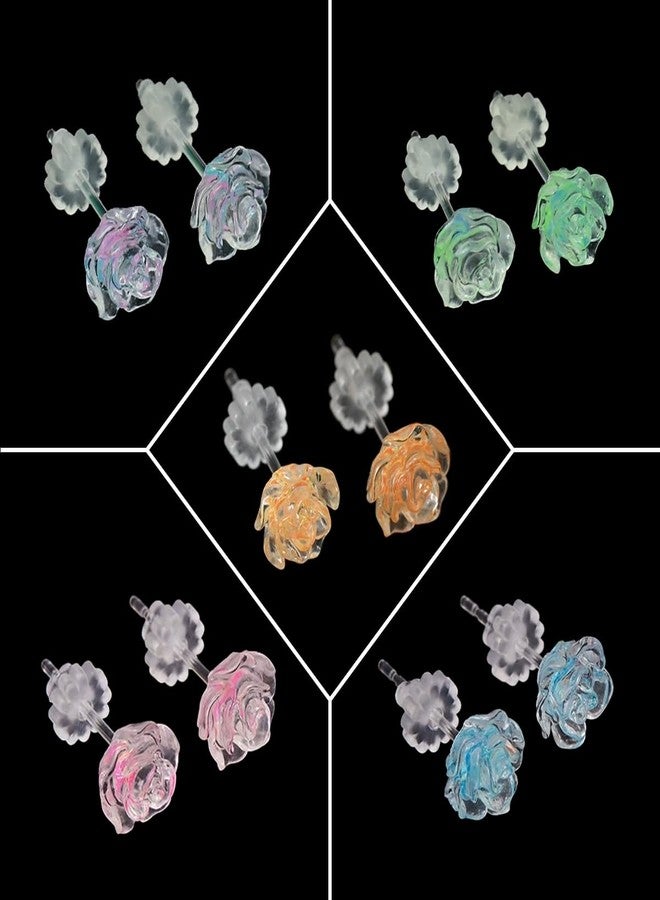 Dland 5 Pairs 3D Rose Flower Earrings Set for Sensitive Ears, DLAND Soft Silicone Plastic Clear Stud Earrings with Backs, Lightweight Coloured Earrings in 5 Colors (Green, Blue, Orange, Yellow, Pink) - Image 2