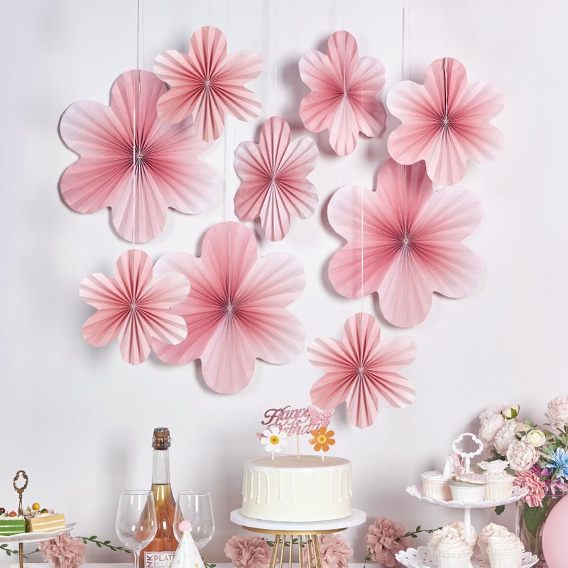 SUNBEAUTY 9 PCS Pink and Cherry Blossom Party Decorations Pink Paper Fans Decor Sunset Party Floral Backdrop Decoration Hanging Paper Flowers for Wall Birthday Wedding Baby Shower Supplies - Image 4