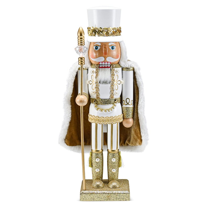 Ornativity Christmas Gold King Nutcracker Gold and White Glittered Wooden Nutcracker Man Fur Cape and Staff in Hand Xmas Themed Holiday Nut Cracker Doll Figure Decorations 14