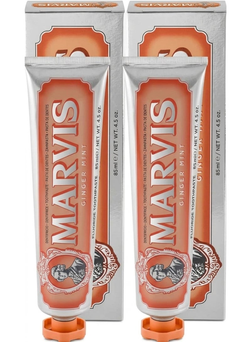 Marvis Two Marvis Classic Ginger & Mint Toothpaste tubes, 85ml. Gum and teeth care. Fresh breath with ginger and mint. - Image 1