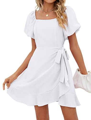 Sampeel Womens Casual Summer Dresses Puff Sleeve Cute Teen Girl Vacation Clothes Graduation White M - Image 1