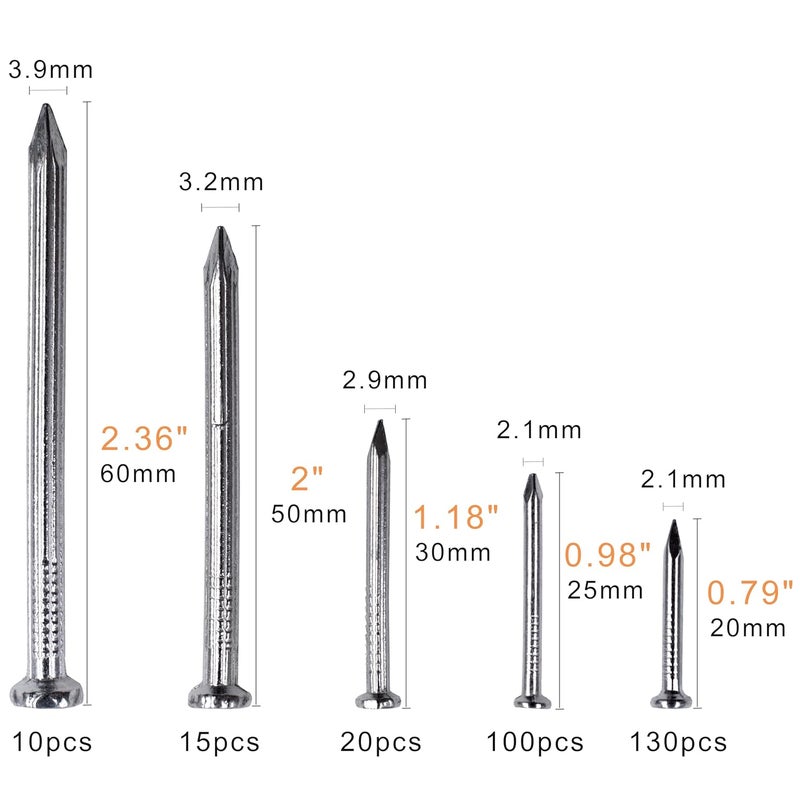 OMOTOOL Brick Steel Nails Assortment Kit (275 pcs), Galvanized Concrete Wall Nail for Hanging Pictures and Woodworking, Cement Nails Suit for Drywall and Pine，5 Size Assortment - Image 2