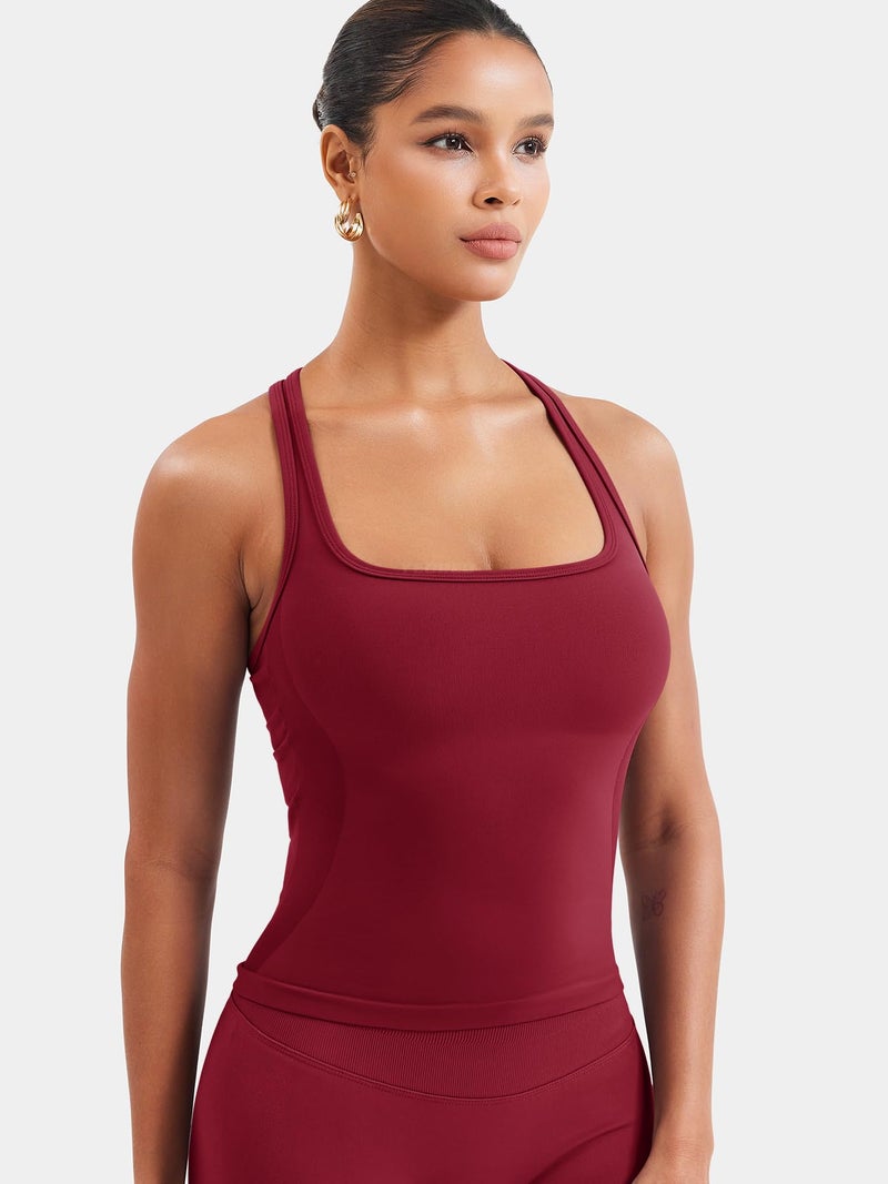 YEOREO Esteile Workout Tank Tops for Women Square Neck Sleeveless Camisole Tops Seamless Racerback Gym Athletic Yoga Shirts Wine Red L - Image 3