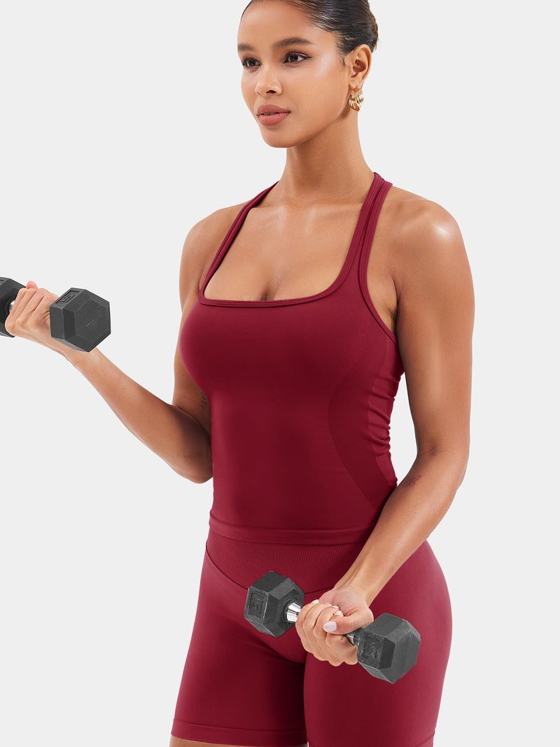 YEOREO Esteile Workout Tank Tops for Women Square Neck Sleeveless Camisole Tops Seamless Racerback Gym Athletic Yoga Shirts Wine Red L - Image 5