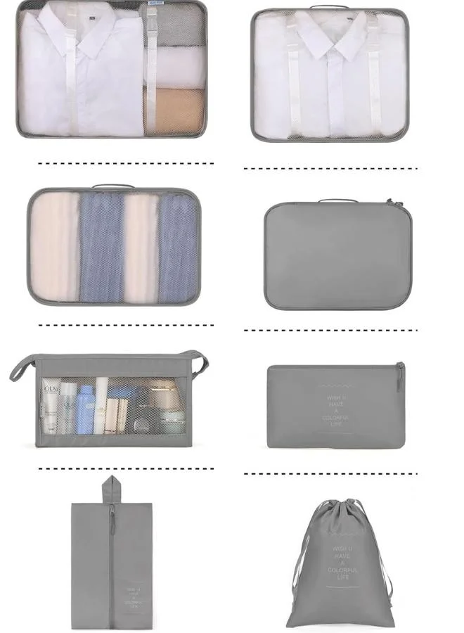 QUESERA Travel Organizer, 8 Pcs Packing Cubes Luggage Organizer, Storage Bags Organizer Set, Waterproof, Space Saving, Travel Essentials Organizer, Grey
