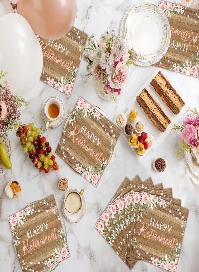 Lecheme Rustic Happy Retirement Napkins 100-Pcs Log Wood Pink Floral Hand Napkin for Retirement Party Supplies Going Away Luncheon Dinner Table Decor - Image 4