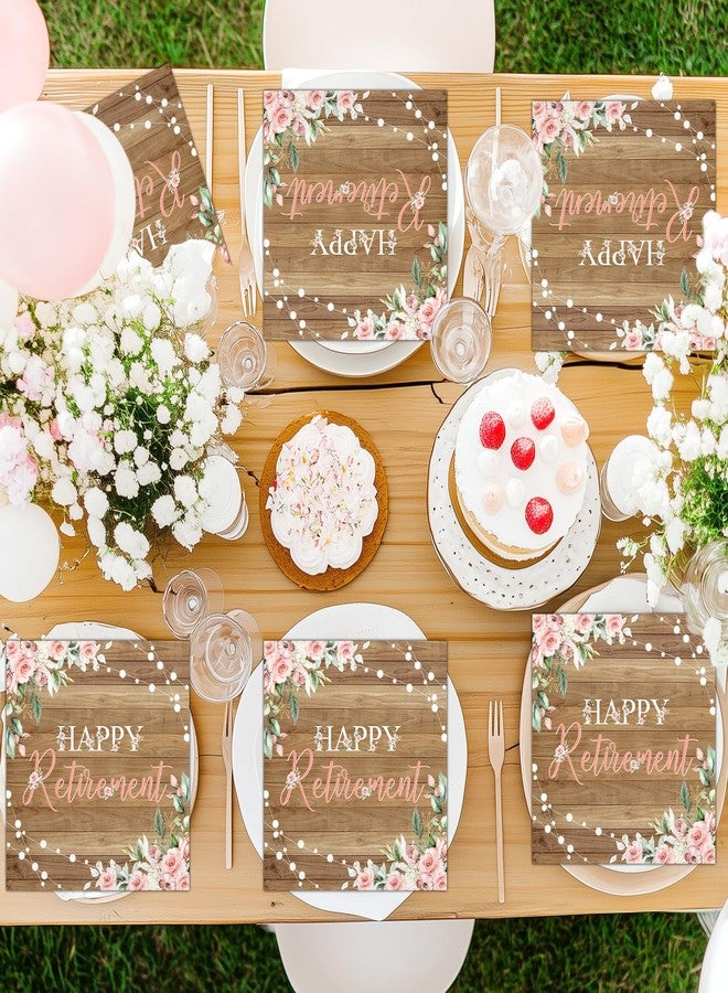 Lecheme Rustic Happy Retirement Napkins 100-Pcs Log Wood Pink Floral Hand Napkin for Retirement Party Supplies Going Away Luncheon Dinner Table Decor - Image 5