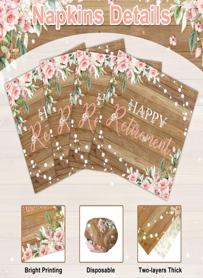 Lecheme Rustic Happy Retirement Napkins 100-Pcs Log Wood Pink Floral Hand Napkin for Retirement Party Supplies Going Away Luncheon Dinner Table Decor - Image 3