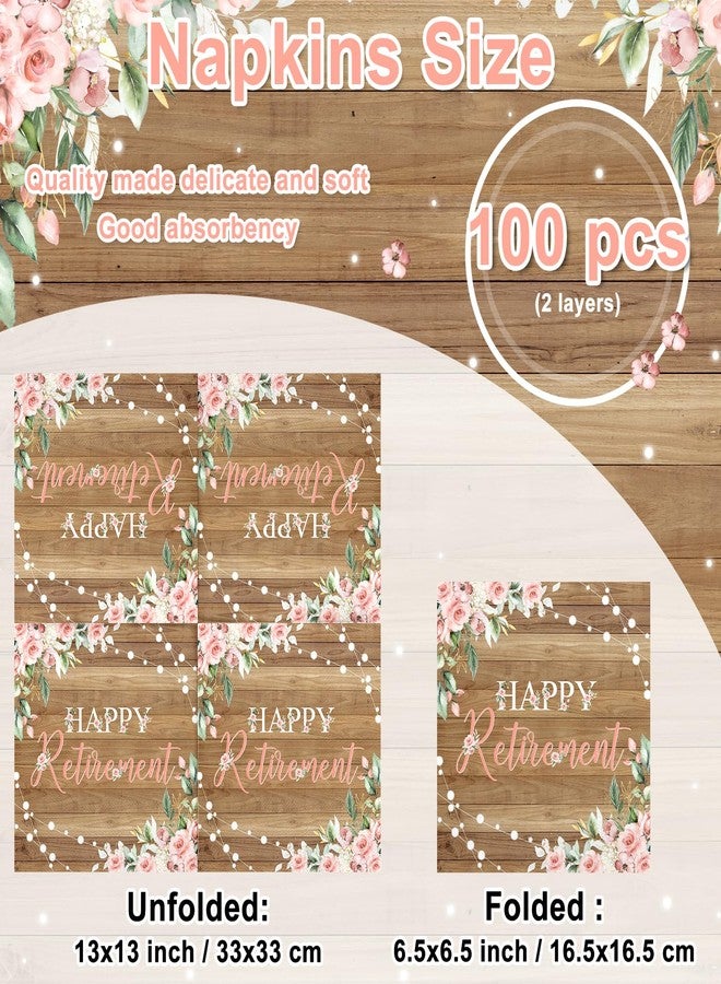 Lecheme Rustic Happy Retirement Napkins 100-Pcs Log Wood Pink Floral Hand Napkin for Retirement Party Supplies Going Away Luncheon Dinner Table Decor - Image 2