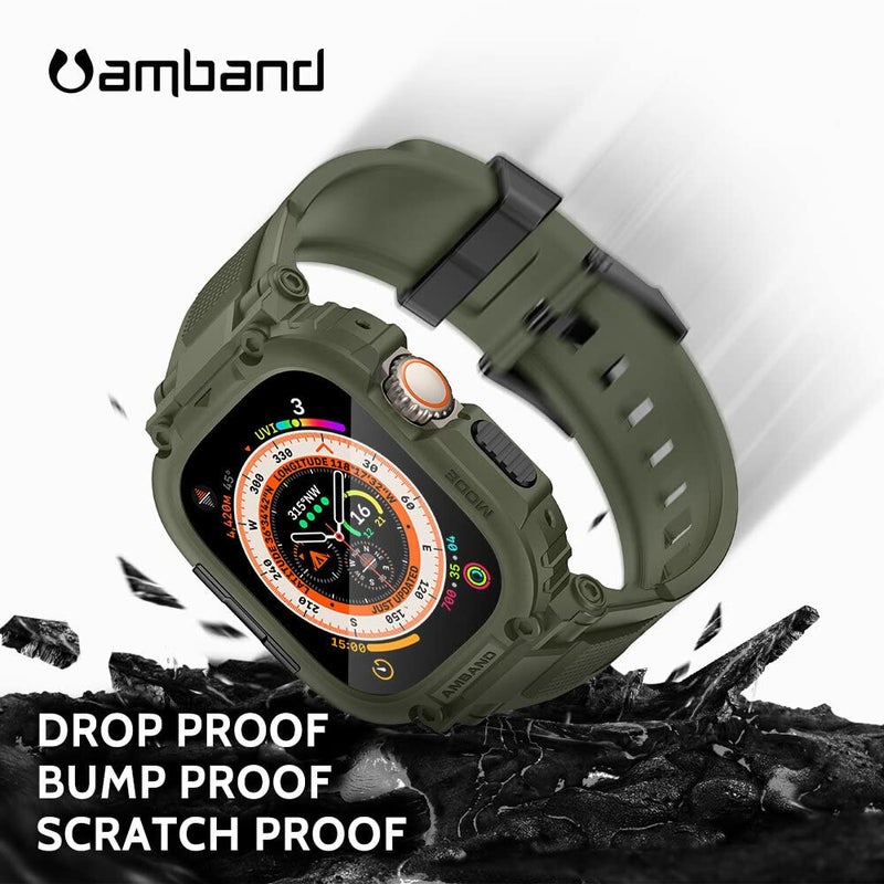 amBand Bands Case Screen Protector Compatible with Apple Watch Ultra 3/2/1 49mm, M1 Sport Series Rugged Cover Strap and 9H Tempered Glass Film, Protective Bumper for iWatch 49 mm Men Army Green - Image 4