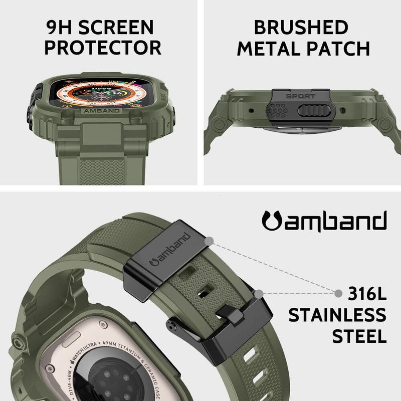 amBand Bands Case Screen Protector Compatible with Apple Watch Ultra 3/2/1 49mm, M1 Sport Series Rugged Cover Strap and 9H Tempered Glass Film, Protective Bumper for iWatch 49 mm Men Army Green - Image 3