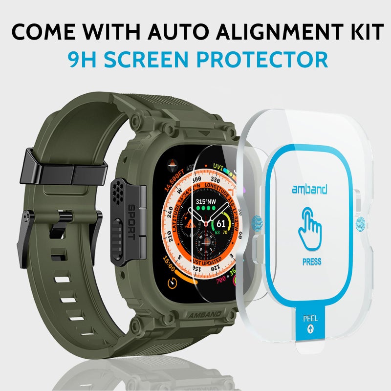 amBand Bands Case Screen Protector Compatible with Apple Watch Ultra 3/2/1 49mm, M1 Sport Series Rugged Cover Strap and 9H Tempered Glass Film, Protective Bumper for iWatch 49 mm Men Army Green - Image 2