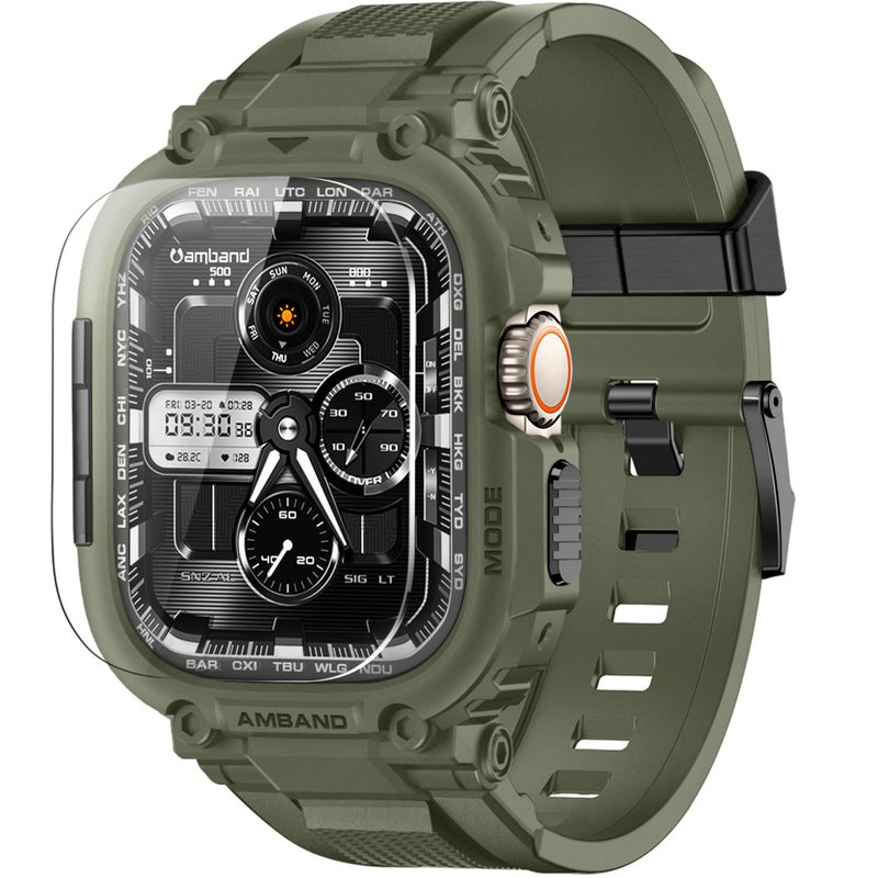 amBand Bands Case Screen Protector Compatible with Apple Watch Ultra 3/2/1 49mm, M1 Sport Series Rugged Cover Strap and 9H Tempered Glass Film, Protective Bumper for iWatch 49 mm Men Army Green - Image 1