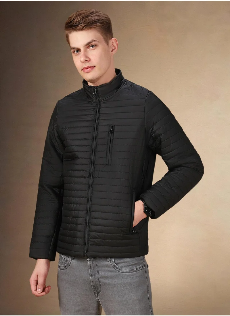دينيس لينغو Men's Black 100% Polyester Solid Regular Fit Jacket