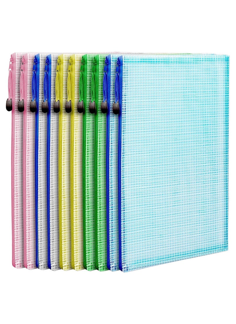 Gerenic - 10 PCS Mesh Zipper Pouch Document Bag, A4 Size Zip File Folders, Waterproof Plastic Envelopes Folders, for School Office Supplies, File Pockets, 5 Colors - Image 1