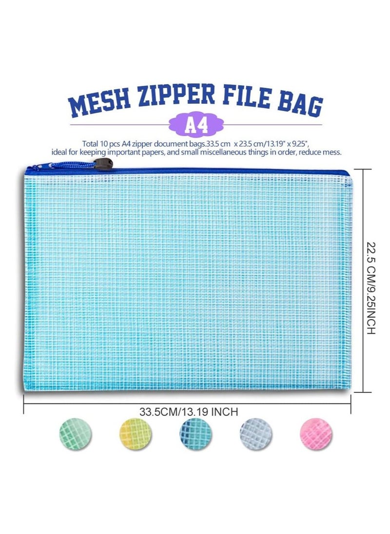 Gerenic - 10 PCS Mesh Zipper Pouch Document Bag, A4 Size Zip File Folders, Waterproof Plastic Envelopes Folders, for School Office Supplies, File Pockets, 5 Colors - Image 1