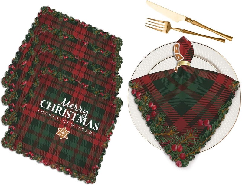 Yibeas White Merry Christmas and Happy New Year Cloth Napkins Set of 4 Soft Tartan Checkered Plaid Red and Green Polyester Dinner Square Napkin for Family Weddings Parties 18 x 18 inch - Image 1