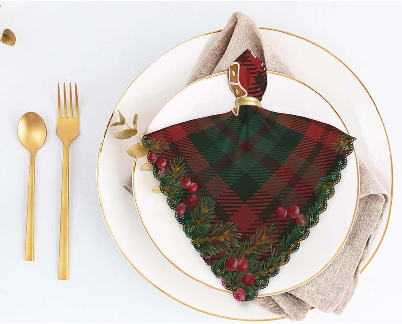 Yibeas White Merry Christmas and Happy New Year Cloth Napkins Set of 4 Soft Tartan Checkered Plaid Red and Green Polyester Dinner Square Napkin for Family Weddings Parties 18 x 18 inch - Image 4