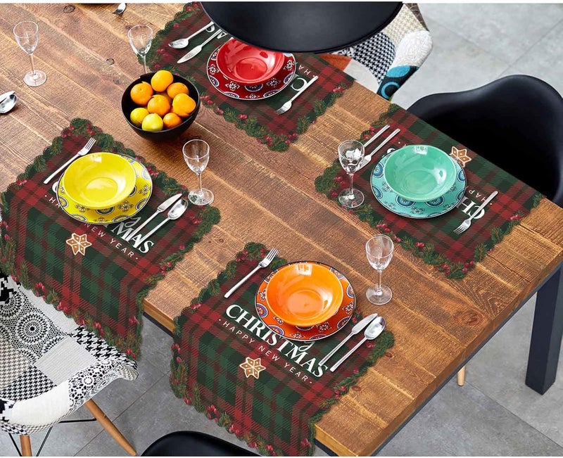 Yibeas White Merry Christmas and Happy New Year Cloth Napkins Set of 4 Soft Tartan Checkered Plaid Red and Green Polyester Dinner Square Napkin for Family Weddings Parties 18 x 18 inch - Image 3