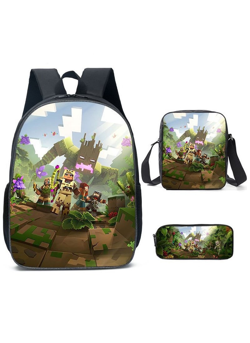 MINECRAFT Digital Printing Large Capacity Backpack Three piece Set Lunch Bag Pen Bag Polyester Comfortable Load Reducing Backpack for Students and Children Unisex  - Image 1