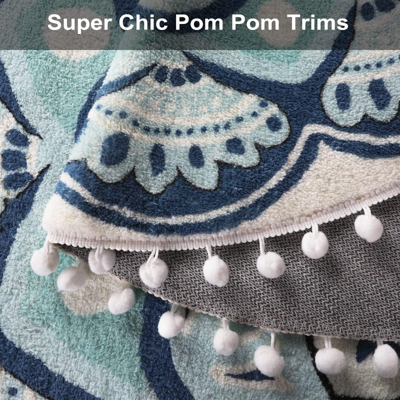Uphome Uphome Small Round Rug 2.3ft Blue Boho Bathroom Rugs with Pom Pom Fringe Non-Slip Washable Mandala Circle Bath Mat Soft Cute Bohemian Throw Rug for Bedroom Sink Dorm Powder Room  - Image 3