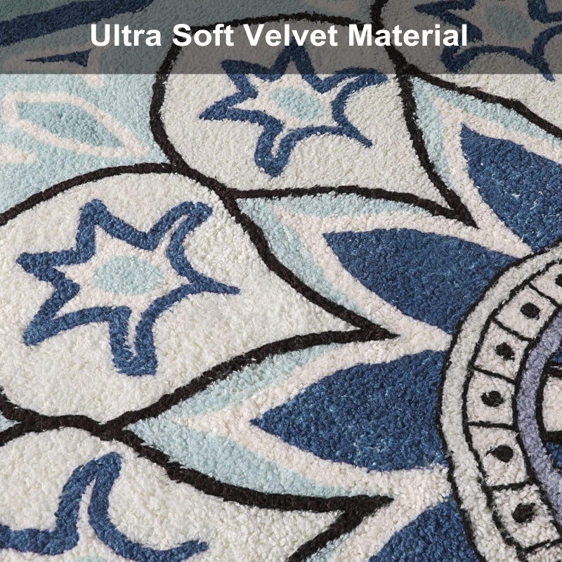 Uphome Uphome Small Round Rug 2.3ft Blue Boho Bathroom Rugs with Pom Pom Fringe Non-Slip Washable Mandala Circle Bath Mat Soft Cute Bohemian Throw Rug for Bedroom Sink Dorm Powder Room  - Image 2