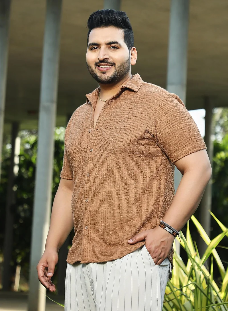 Instafab Plus  Instafab Plus Men's Tan Brown Tactile-Resort Shirt For Casual Wear | Spread Collar | Short Regular Sleeves | Button Closure | Plus Size Shirt Crafted With Comfort Fit For Everyday Wear for Men | Best Price UAE