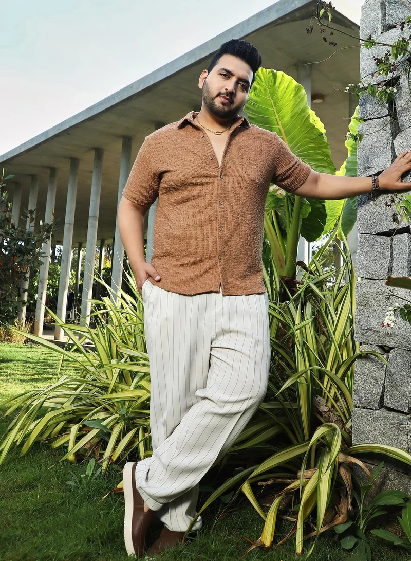 Instafab Plus  Instafab Plus Men's Tan Brown Tactile-Resort Shirt For Casual Wear | Spread Collar | Short Regular Sleeves | Button Closure | Plus Size Shirt Crafted With Comfort Fit For Everyday Wear for Men | Best Price UAE